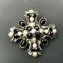 Vintage Silver Starrs Signed Very Ornate Black Plastic Oval Cab Rhinestones &amp; - £30.52 GBP