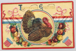 1910 P Sander Embossed Thanksgiving Greetings USA Patriotic Turkey Postcard - £21.20 GBP