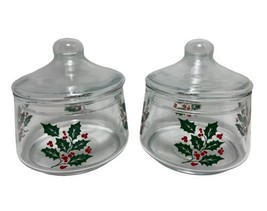 Pair of Vintage Indiana Glass Company Clear Glass Christmas Holly Snack Jar+Lid - £27.70 GBP