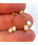 14K Yellow GOLD Genuine Double PEARL post Dangle EARRINGS - 5/8 inches - $61.54 CAD