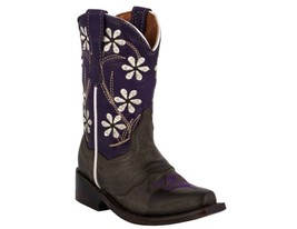 Girls Purple Flower Brown Embroidered Cowgirl Leather Boots Dress Kids S... - £42.95 GBP