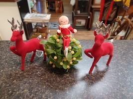 VTG MCM Red Flocked Felt Deer Reindeer  Silver Glitter Mistletoe Elf - $39.59