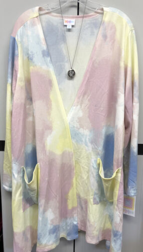 Primary image for NWT LuLaRoe XL Blue Pink Yellow White Tie Dye Caroline Cardigan Sweater