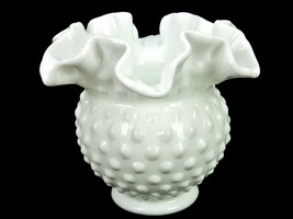 Fenton 4&quot; Flower Vase, Vintage Milk Glass, Ball Shape, Large Ruffled Rim... - $19.55