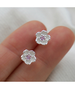 925 Sterling Silver Cherry Blossom Stud Earrings Diamond CZ Stud  - $35.00