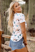 Beige Western Cactus Print Crew Neck Short Sleeve Top - $10.09