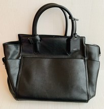 Reed Modern American Luxury Black Faux Leather Blue Lined 6 Pocket Tote Bag - £25.07 GBP