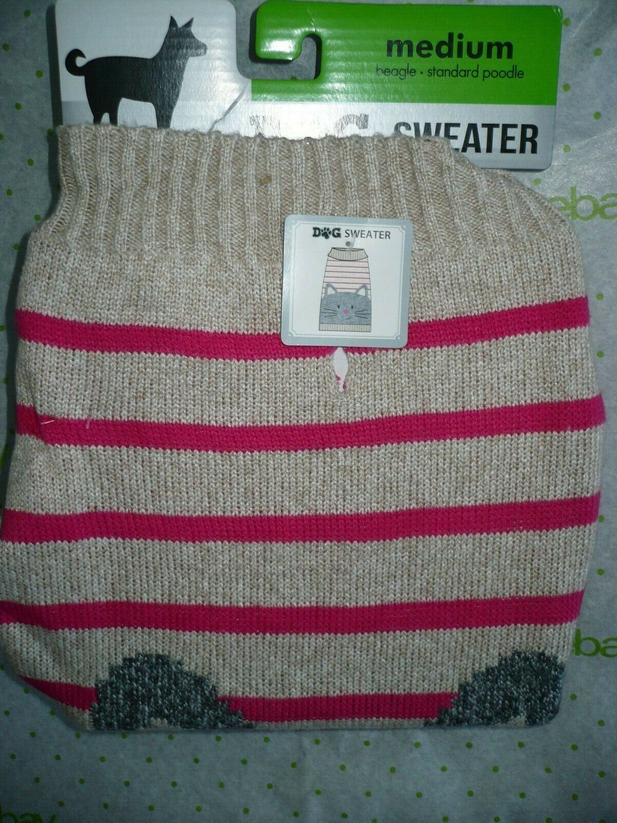 Primary image for Walmart Brand Dog Sweater Oatmeal Color Pink Stripes Mouse Face Medium NEW
