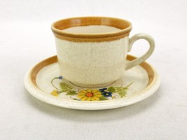 Vintage Stoneware Coffee Cup &amp; Saucer Set, Mikasa Garden Bouquet, Drip Glaze - $14.65