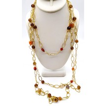 Triple Strand Gemstone Chain Necklace, Vintage Gold Tone Oval Links with... - $57.09