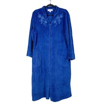 Miss Elaine Velour Robe Petite L Womens Blue Floral Full Zip Long Sleeve Pockets - £20.51 GBP