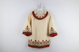 Vtg 60s 70s Mid Century Modern Womens 40 Wool Knit Flower Short Sleeve Sweater - £79.09 GBP