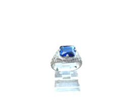 Filigree Ring Sterling Lab Created Sapphire Emerald Cut Art Deco Design - £35.09 GBP