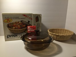 Vintage Pyrex 1-1/2 Qt. Covered Casserole Dish in Rattan Basket Ovenware... - $14.66