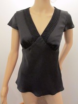 Ann Taylor Loft Shiny Black Pleated V-Neck Top Tie Back Cap Sleeve 0 / Xs Lined - £15.65 GBP