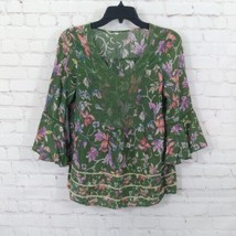 Vintage America Top Womens XS Green Floral Vlouse 3/4 Sleeve V Neck Boho Peasant - £13.87 GBP