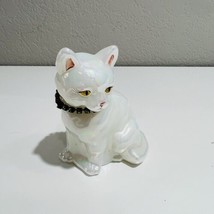 Fenton Cat Figurine May Birthstone Art Glass Iridescent White Signed by Artist - £51.43 GBP
