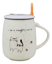 Naughty Calico Cat Porcelain Coffee Tea Mug Cup With Greeting Paw Spoon And Lid - £15.01 GBP