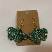 Handmade epoxy resin flower dangle earrings - Green chunky holographic glitter - £6.30 GBP