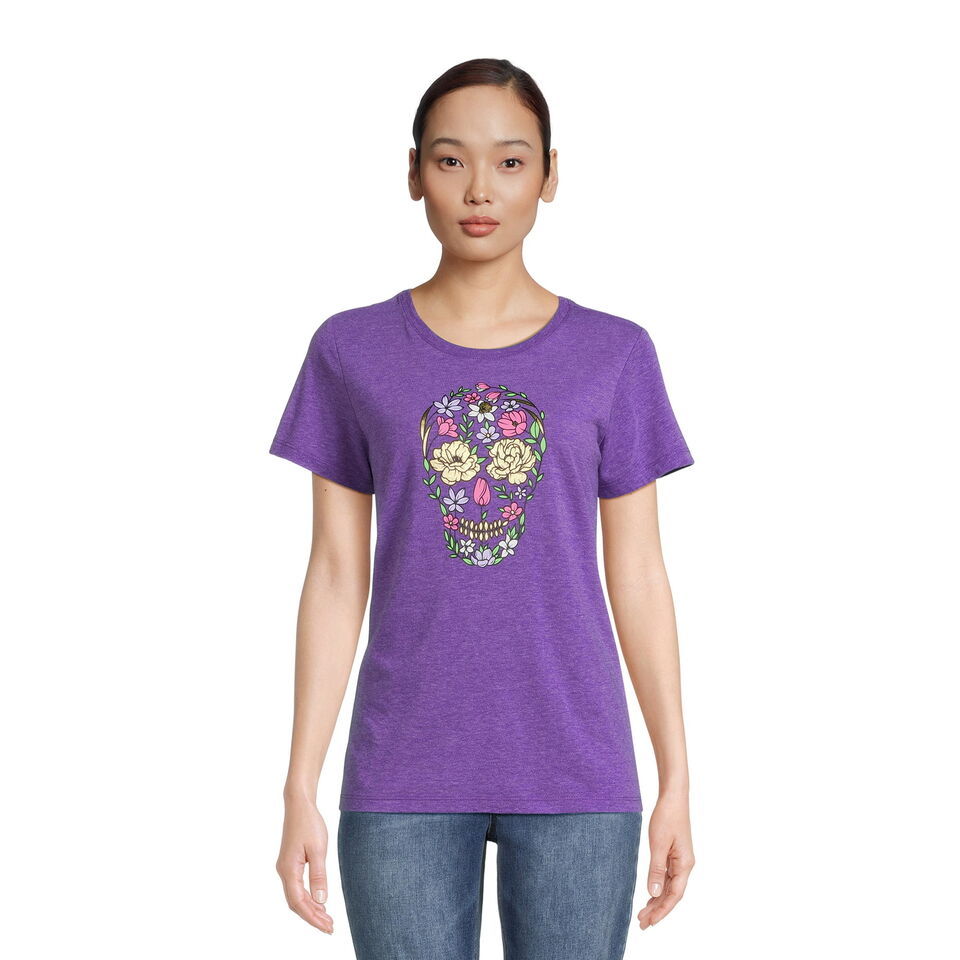 Primary image for Way to Celebrate Women's Halloween Flower Skull Graphic Tee Purple Size S (4-6)