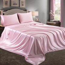 4 Piece Pink Satin Sheets Queen Size Satin Bed Sheets Set Silky Satin Sheet With - £42.70 GBP