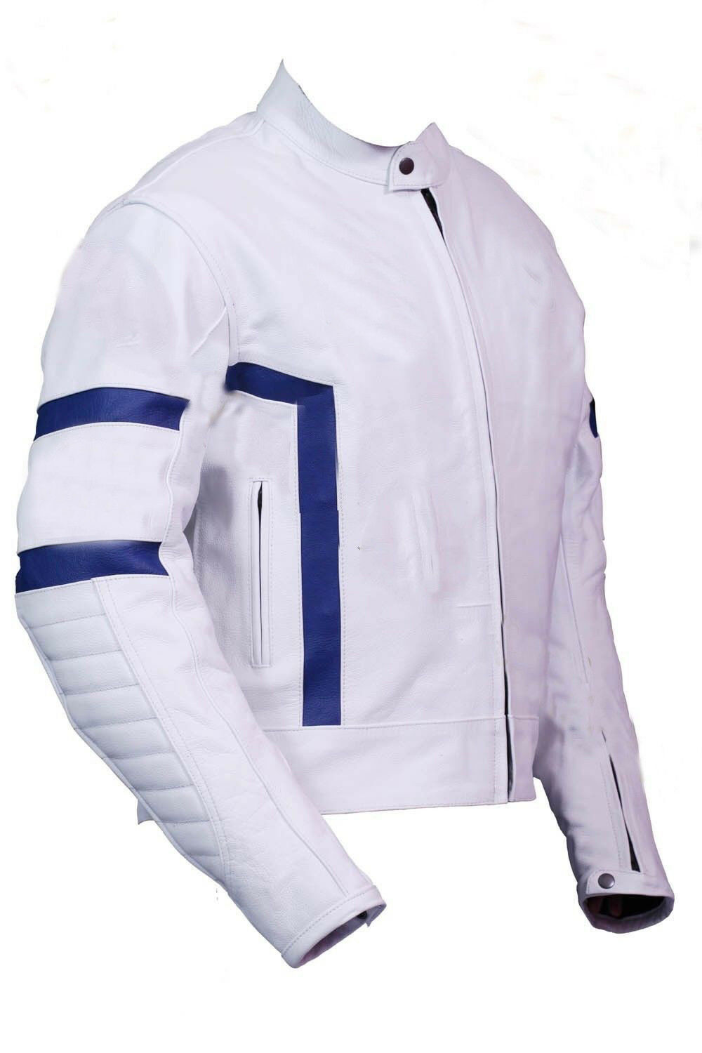 Men's White Color Biker Blue Stripes Padded Genuine Leather Safety Pads Jacket