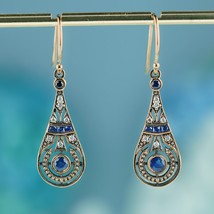 Natural Sapphire and Diamond Vintage Style Pear Shape Drop Earrings in 9K Gold - £716.82 GBP