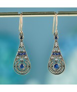 Natural Sapphire and Diamond Vintage Style Pear Shape Drop Earrings in 9... - £718.52 GBP