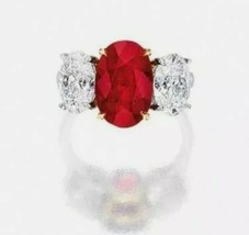 4Ct Oval Cut Ruby Simulant Diamond Designer 3 Stone Ring White Gold Finsh Silver - £81.87 GBP