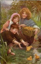 Easter Children Ducklings Stream Fuss and Fun Winchester VA Art Postcard V1 - $7.95