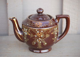 Old Vintage Handpainted Redware Teapot w Lid Brown Glaze Gold Highlights Japan b - £19.54 GBP