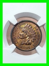 Toned 1897 Indian Head Penny 1 Cent - NGC UNC Uncirculated Details Old Cleaning  - £77.86 GBP