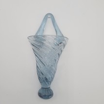 Vintage Hand Blown Blue Swirl Glass Hanging Wall Pocket Flower Vase Pont... - $39.59