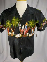 Favant Men Hawaiian Shirt Sz M Black Grey Beach Surfboards Pocket Coconut Bttns - £15.94 GBP