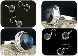 926 Argent Sterling Labradorite Pierre Fabriqué Main Set Anneau Combo Daily Wear - £76.43 GBP