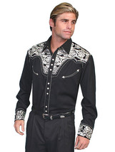 Men&#39;s Western Shirt Long Sleeve Rockabilly Country Cowboy Black Silver Floral - £73.14 GBP