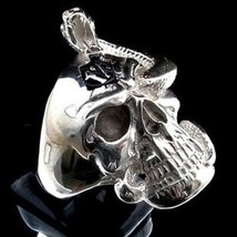 Sterling silver Biker ring 1 % Snake trough Eye Skull with Black enamel high pol - £103.91 GBP