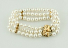 Authenticity Guarantee 
14k Yellow Gold Three-Strand Pearl Bracelet w/ Gold A... - £934.85 GBP