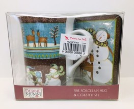 NEW, Debbie Mumm Holiday Christmas Snowman &amp; Deer Porcelain Mug &amp; Coaste... - $19.99