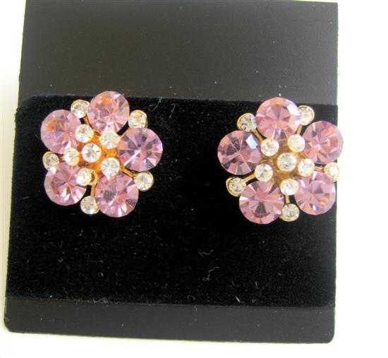 Flower Pierced Surgical Post Earrings Clear & Rose Pink Crystals - $13.40