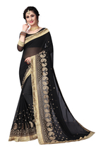 Designer Indian Black Heavy Zari Embroidery Work Sari Georgette Party Wear Saree - £57.51 GBP