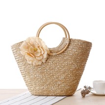 Natural straw handbag wood Rattan handle woven bag flower hand woven straw beach - £22.31 GBP