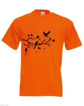 Mens T-Shirt Tree Branch, Falling Leafs, Birds, Flowers, Forest Nature Tshirt - $24.74