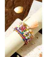 Peach Blossom Butterfly Charm Tassel Colorful Beaded Bracelet Set - $4.30