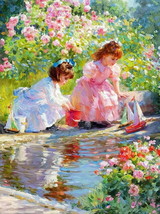 Two Girls playing with sailboats Art Giclee Printed Oil Painting Print - £6.42 GBP+