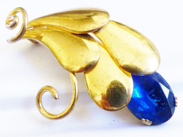 Vtg Gold Tone Metal Floral Leaf Cobalt Blue Oval Crystal Rhinestone Pin Brooch - £35.61 GBP