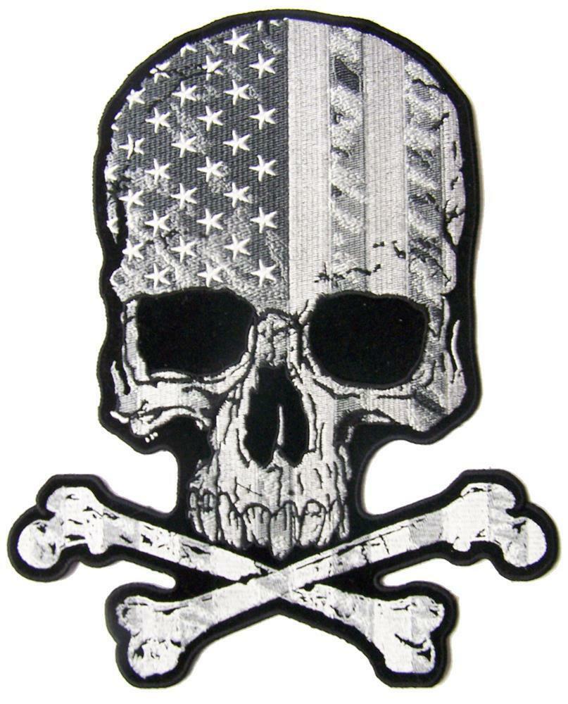 SKULL X BONES BLACK &amp; WHITE USA BACK PATCH #p9450 EMBROIDERED 4 IN hat j... - $6.60