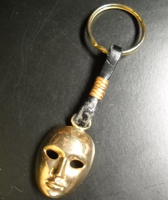 Netura Mask Key Ring Brass Colored Metal Mask and Ring Leather Connector - £6.38 GBP