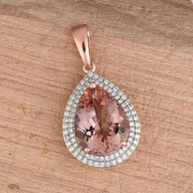 3Ct Pear Simulated Morganite Halo Pendant Women&#39;s 14K Rose Gold Plated Silver - $197.99