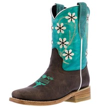 Kids Western Boots Flower Embroidered Leather Teal Brown Square Toe Botas - £43.45 GBP